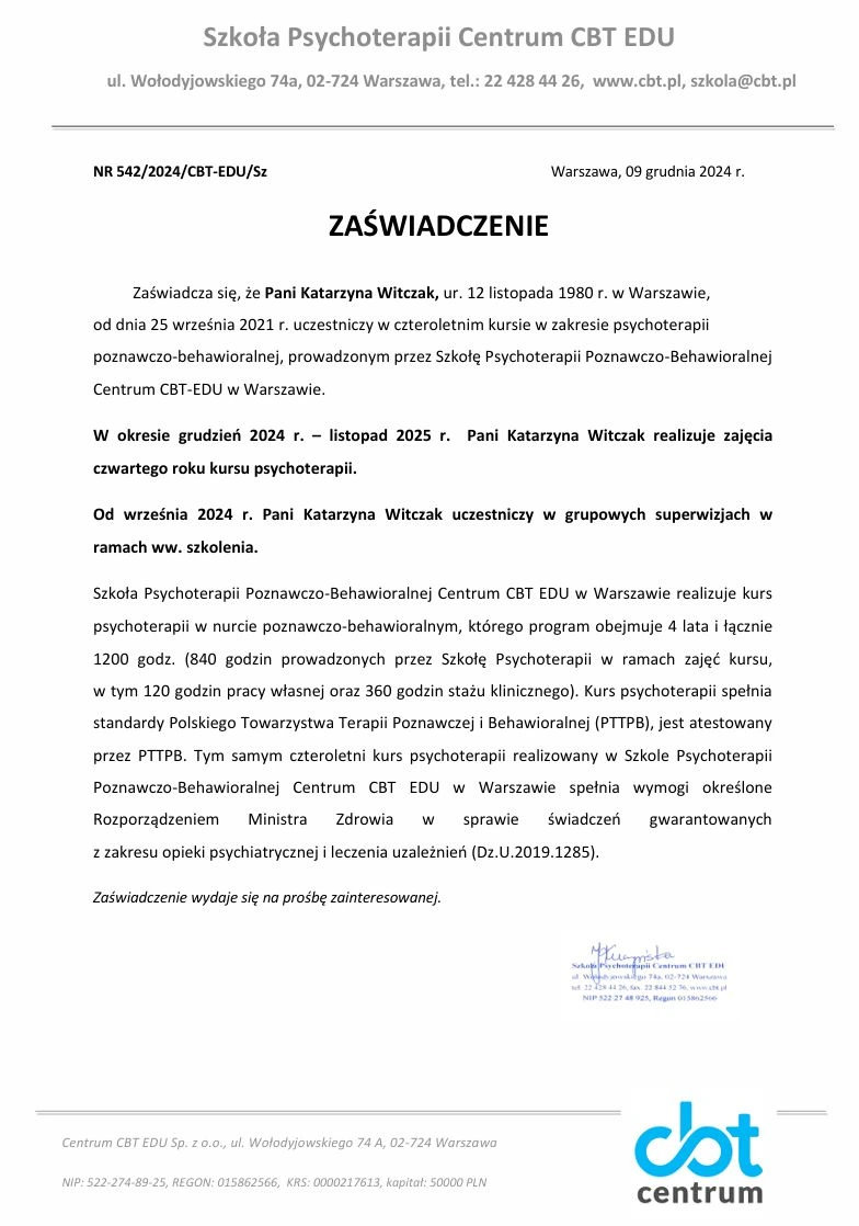 Dyplom CBT – Terapia poznawczo-behawioralna