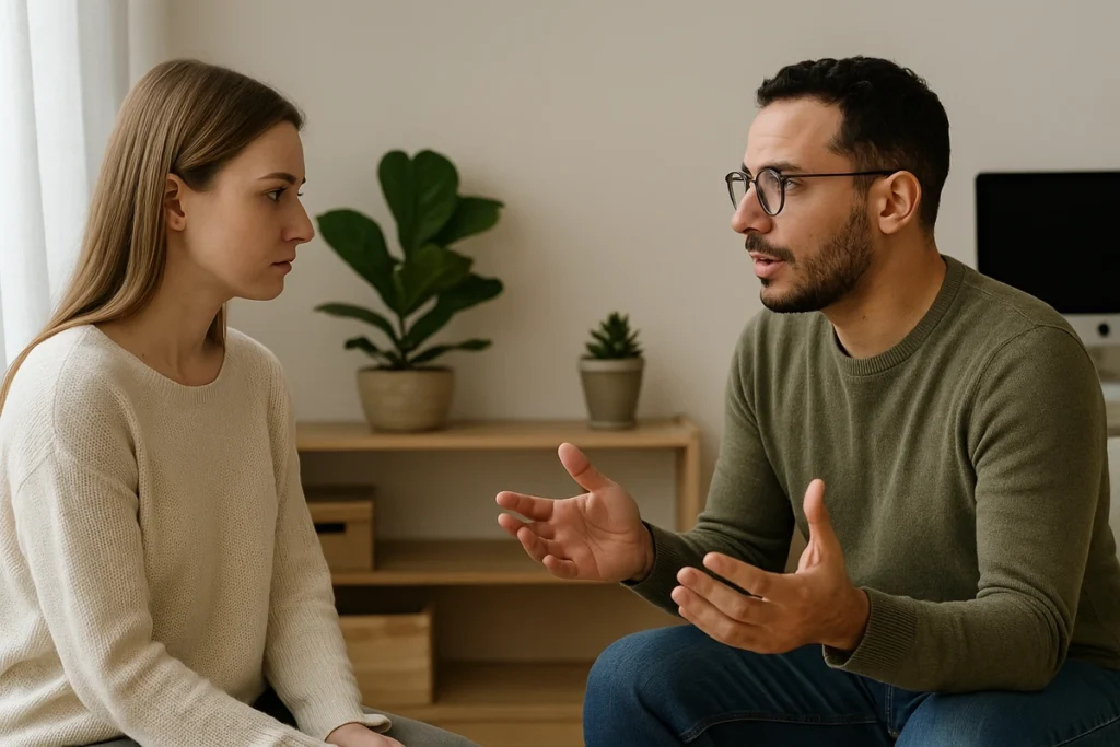 terapia stacjonarna , rozmowa dwójki ludzi kobiety i mężczyzny