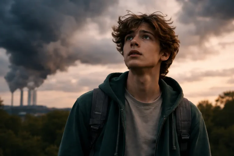 lęk klimatyczny u nastolatków - ilustracja pokazując chłopaka który ma w tle kominy elektrowni